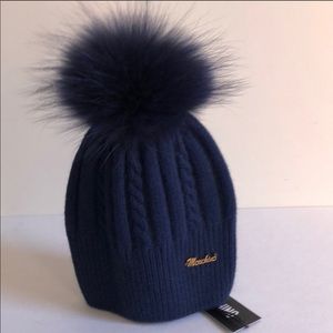 Moshino Winter Hat w/Raccoon Fur Pom NWT Navy